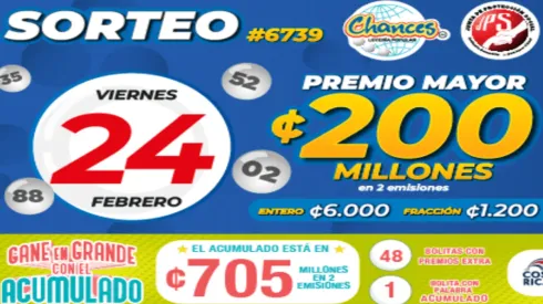 ◉ Chances de Costa Rica de HOY: sorteo, resultados y números ganadores del viernes 24 de febrero | Lotería Costa Rica Premio Mayor ¢200 millones.