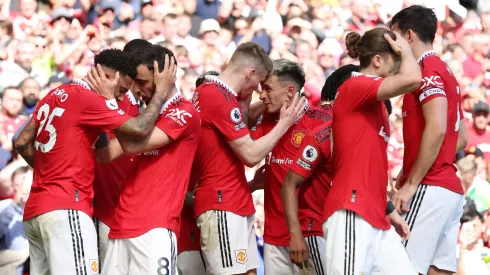 MANCHESTER, ENGLAND – APRIL 08: Scott McTominay of Manchester United celebrates with teammates after scoring the team's first goal during the Premier League match between Manchester United and Everton FC at Old Trafford on April 08, 2023 in Manchester, England. (Photo by Jan Kruger/Getty Images)
