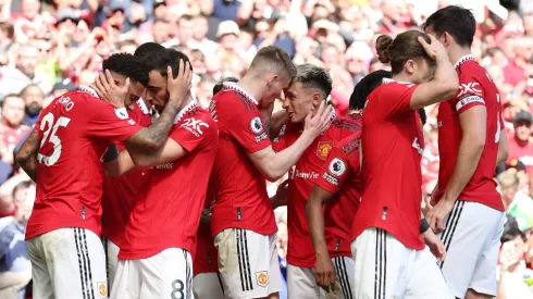 MANCHESTER, ENGLAND – APRIL 08: Scott McTominay of Manchester United celebrates with teammates after scoring the team's first goal during the Premier League match between Manchester United and Everton FC at Old Trafford on April 08, 2023 in Manchester, England. (Photo by Jan Kruger/Getty Images)