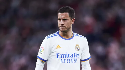 BILBAO, SPAIN - DECEMBER 22: Eden Hazard of Real Madrid reacts during the LaLiga Santander match between Athletic Club and Real Madrid CF at San Mames Stadium on December 22, 2021 in Bilbao, Spain. (Photo by Juan Manuel Serrano Arce/Getty Images)