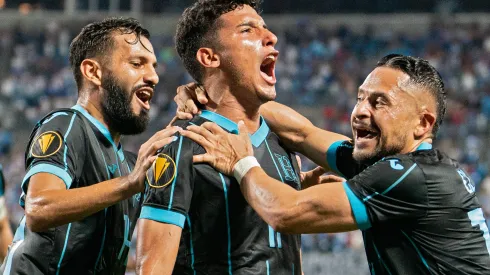 Hondura's players celebrates his goal against Haiti during a 2023 Concacaf Gold Cup. (Photo by Jacob Kupferman/Getty Images)