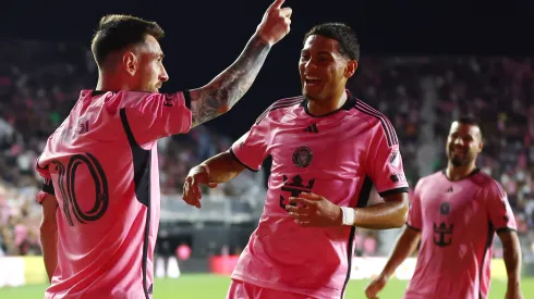 FORT LAUDERDALE, FLORIDA - APRIL 06: Lionel Messi #10 celebrates a second half goal with David Ruiz #41 of Inter Miami during a game against the Colorado Rapids at DRV PNK Stadium on April 06, 2024 in Fort Lauderdale, Florida. (Photo by Megan Briggs/Getty Images)