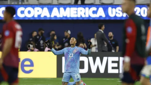 INGLEWOOD, CALIFORNIA - JUNE 24: Patrick Sequeira of Costa Rica prays at the end of the CONMEBOL Copa America 2024 Group D match between Brazil and Costa Rica at SoFi Stadium on June 24, 2024 in Inglewood, California. (Photo by Buda Mendes/Getty Images)