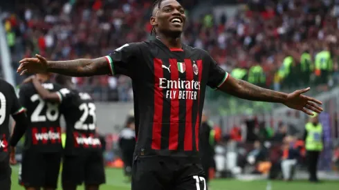 MILAN, ITALY – APRIL 23: Rafael Leao of AC Milan celebrates after scoring the team's first goal during the Serie A match between AC MIlan and US Lecce at Stadio Giuseppe Meazza on April 23, 2023 in Milan, Italy. (Photo by Marco Luzzani/Getty Images)
