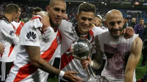 Maidana, Martínez Quarta y Pinola, juntos festejando el título ante Boca.