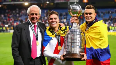 D'Onofrio, Quintero y Santos Borré durante los festejos de la Copa Libertadores en el Bernabéu.