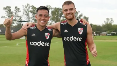 Barco y Beltrán volvieron a verse las caras en la práctica del Millonario y posaron para una foto.