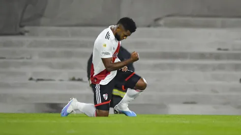 BUENOS AIRES, ARGENTINA – APRIL 23: Miguel Borja of River Plate celebrates after scoring the team's second goal during a Liga Profesional 2023 match between River Plate and Independiente at Estadio Mas Monumental Antonio Vespucio Liberti on April 23, 2023 in Buenos Aires, Argentina. (Photo by Marcelo Endelli/Getty Images)