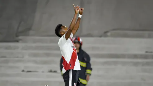BUENOS AIRES, ARGENTINA – APRIL 23: Miguel Borja of River Plate celebrates after scoring the team's second goal during a Liga Profesional 2023 match between River Plate and Independiente at Estadio Mas Monumental Antonio Vespucio Liberti on April 23, 2023 in Buenos Aires, Argentina. (Photo by Marcelo Endelli/Getty Images)
