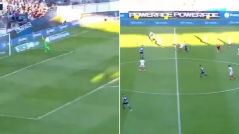 El momento del remate de mediacancha y la reacción de Arias.