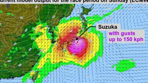 La imagen muestra el peor escenario del tifón sobre el autódromo de Suzuka