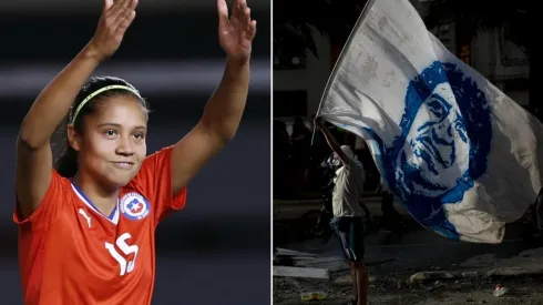 Fernanda Pinilla y una bandera de Víctor Jara en la protestas.