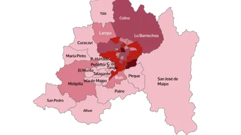 El mapa de casos de coronavirus en la Región Metropolitana.