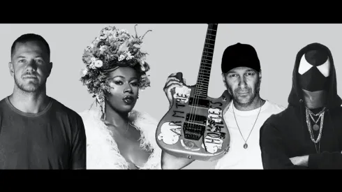 Dan Reynolds, Shea Diamond, Tom Morello y The Bloody Beetroots en la imagen promocional de "Stand Up".