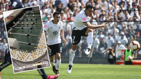 Esteban Paredes luce su réplica del Estadio Monumental en un taca-taca