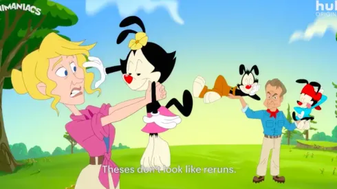 Una captura de la hilarante recreación de la escena de "Jurassic Park" para promover "Animaniacs".