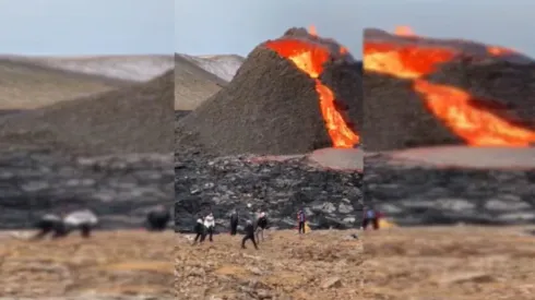 El volcán Fagradalsfjall hace erupción mientras juegan Vóleibol con una pelota.