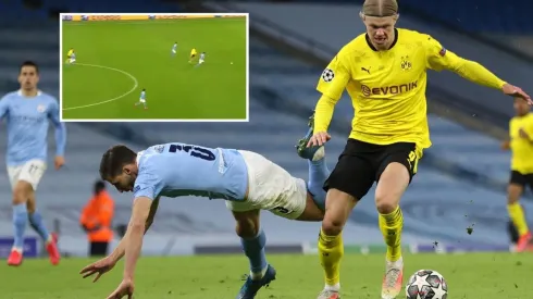 Erling Haaland desplaza a Ruben Dias con el cuerpo
