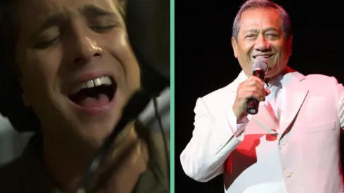 Micky haciendo El día que me quieras en Luis Miguel, la serie, junto a Armando Manzanero en la vida real.