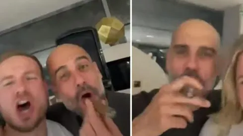 Pep Guardiola celebrando tras la obtención del título del City