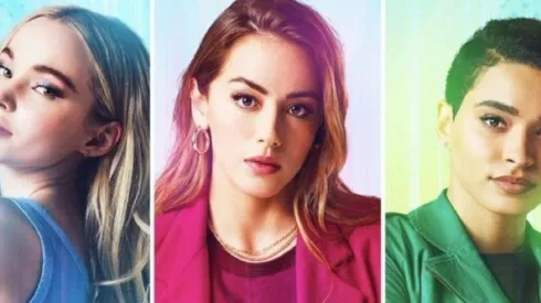Dove Cameron, Yana Perrault y Chloe Bennet con los colores distintivos de Burbuja, Bellota y Bom Bom, para la serie de acción real de Las Chicas Superpoderosas.