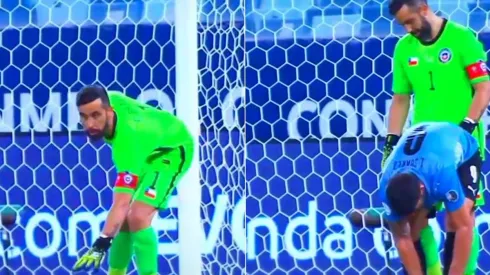 Claudio Bravo y Luis Suárez en los minutos finales del duelo entre Chile y Uruguay
