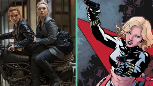 Yelena Belova (Florence Pugh) junto a Natasha Romanoff (Scarlett Johansson) en Black Widow. Y la versión de Belova en los cómics.