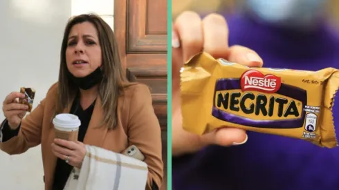 Teresa Marinovic llegando al ex Congreso Nacional comiendo Negrita.