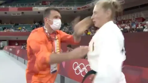 Martyna Trajdos y su entrenador en los JJOO