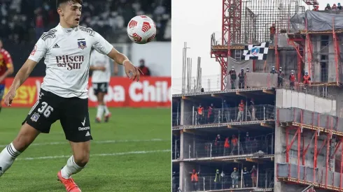 Hinchas apoyan a Colo Colo desde la terraza de un edificio en construcción.