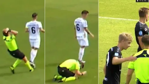 Árbitro danés es consolado por los futbolistas