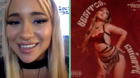 Princesa Alba en el encuentro con la prensa y la portada del disco besitos, cuídate.