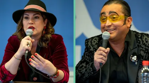 Javiera Contador y Yerko Puchento en la conferencia de prensa de Pecados Digitales, de Mega.