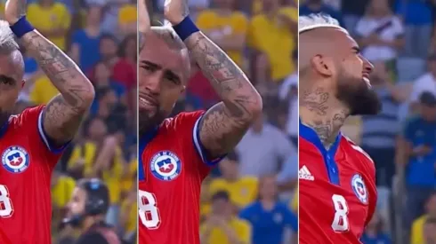 Arturo Vidal llora tras la derrota de Chile ante Brasil.