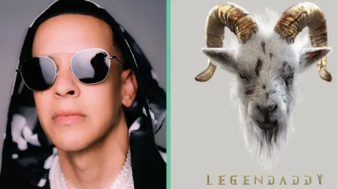 Daddy Yankee junto a la portada de Legendaddy su último disco.