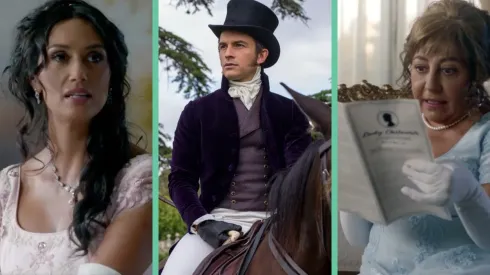 Pamela Díaz, Anthony Bridgerton (Jonathan Bailey) y Helhue Sukni, en el promocionald e Netflix.