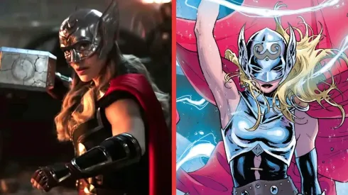 Natalie Portman como Jane Foster en Thor: Love & Thunder y Mighty Thor en los cómics de Marvel.