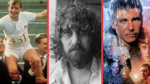 Vangelis en su juventud, junto a una escena de Chariots of Fire y el afiche de Drew Struzan para Blade Runner.