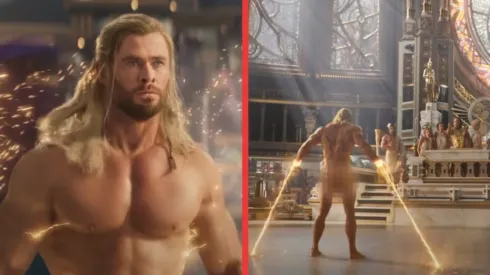 Chris Hemsworth completamente expuesto como el Dios del Trueno en Thor: Love & Thunder.