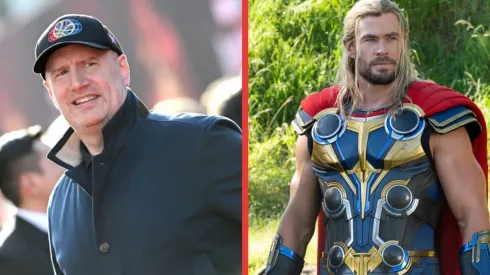 El presidente de Marvel, Kevin Feige, y Chris Hemsworth como el Dios del Trueno en Thor: Love & Thunder.
