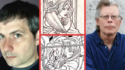 Gabriel Rodríguez junto a Stephen King y algunas de las ilustraciones para el proyecto conjunto.