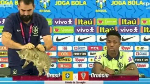 El momento en que el encargado de prensa de Brasil saca al gato de escena.
