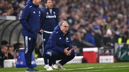 LEEDS, ENGLAND – DECEMBER 18: Marcelo Bielsa, Manager of Leeds United reacts  during the Premier League match between Leeds United  and  Arsenal at Elland Road on December 18, 2021 in Leeds, England. (Photo by Stu Forster/Getty Images)
