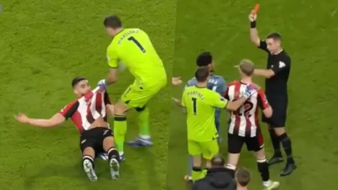 Emiliano Martínez protagonizó un nuevo show en el fútbol inglés, y gracias a eso su equipo acabó el partido con un jugador menos.