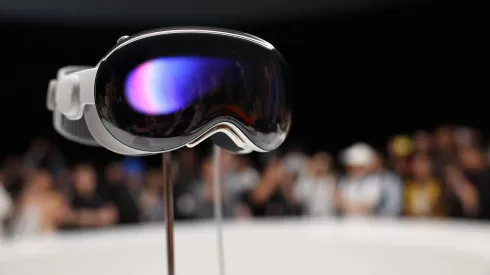 CUPERTINO, CALIFORNIA – JUNE 05: The new Apple Vision Pro headset is displayed during the Apple Worldwide Developers Conference on June 05, 2023 in Cupertino, California. Apple CEO Tim Cook kicked off the annual WWDC23 developer conference with the announcement of the new Apple Vision Pro mixed reality headset. (Photo by Justin Sullivan/Getty Images)