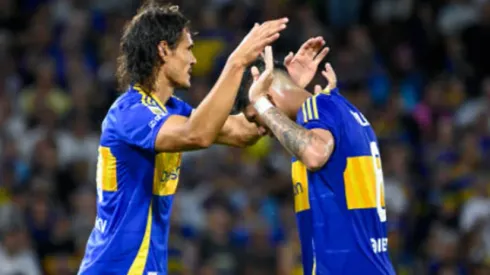Edinson Cavani y Carlos Palacios festejan en Boca Juniors. No podrá ser eso ante Newell's.