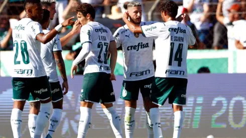 Jogadores do Palmeiras comemoram gol em Novo Horizonte (Foto: Thiago Calil/AGIF)