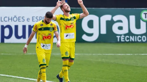 Jogadores do Mirassol comemoram gol (Foto: Diogo Reis/AGIF)