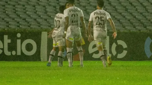 Jogadores do Santos comemoram o gol de Goulart (Foto: Aldo Carvalho/AGIF)