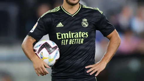 VIGO, SPAIN - AUGUST 20: Eden Hazard of Real Madrid CF reacts before shooting a penalty during the LaLiga Santander match between RC Celta de Vigo and Real Madrid CF at Estadio Balaidos on August 20, 2022 in Vigo, Spain. (Photo by Gonzalo Arroyo Moreno/Getty Images)